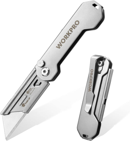 WORKPRO EDC Folding Utility Knife. Mini Box Cutter with Quick Open Axis Lock. Quick Change Blade Razor Knife. Foldable Small Pocket Knife with Belt Clip