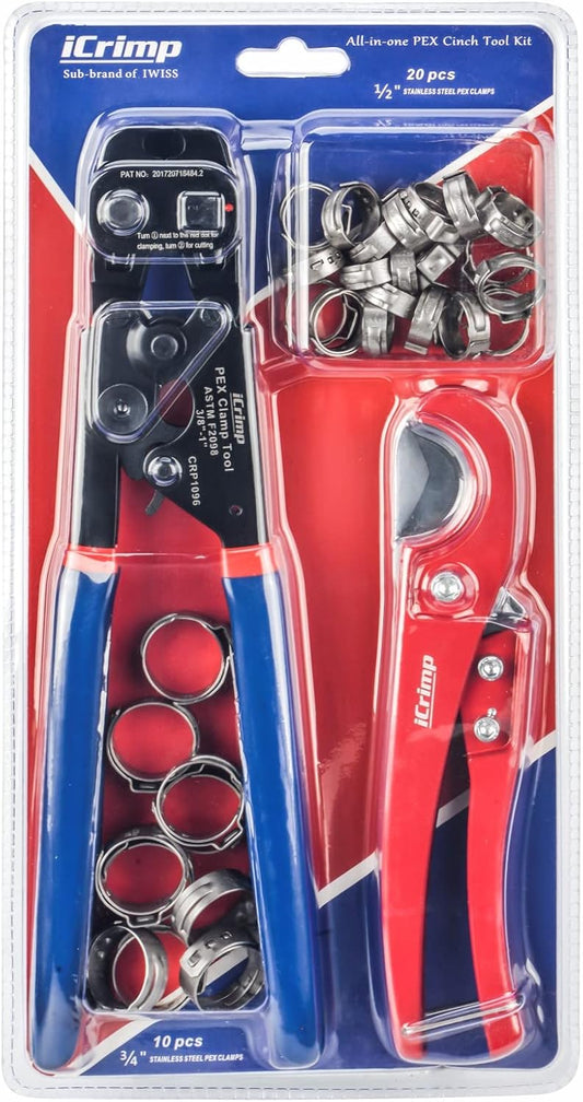iCRIMP Ratchet PEX Cinch Tool with Removing function for 3/8 to 1-inch Stainless Steel Clamps with 20PCS 1/2-inch and 10PCS 3/4-inch PEX Clamps and Pipe Cutter- All in One